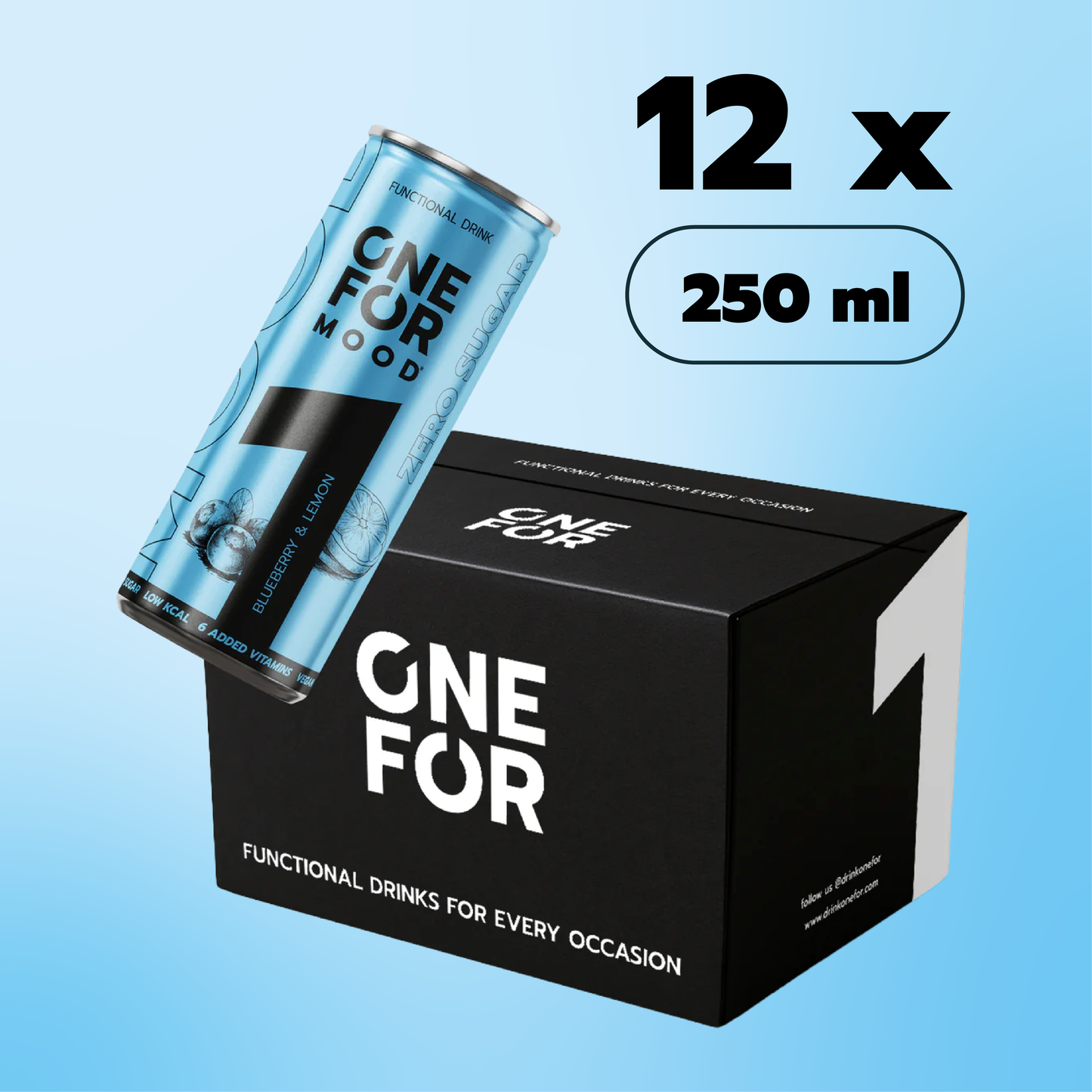 ONE FOR Mood 12 x 250 ml Pack mit blauer Dose und modernem schwarzem Versandkarton. 