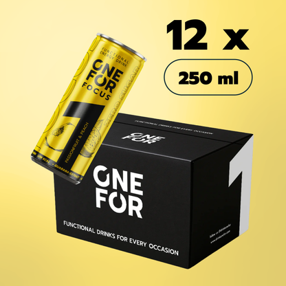 ONE FOR Focus 12er Pack mit 12 x 250 ml Dosen, Passionsfrucht-Pfirsich Geschmack, Guarana und zuckerfreiem Functional Drink. Moderne schwarze Karton Verpackung. 