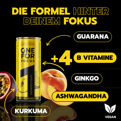 ONE FOR Focus Inhaltsstoff-Grafik mit Guarana, Ginkgo, Ashwagandha, Kurkuma und 4 B-Vitaminen für einen zuckerfreien, veganen Functional Drink.