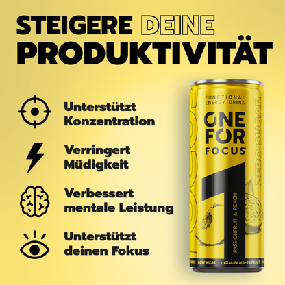 ONE FOR Focus Grafik. Steigere deine Produktivität, Konzentration und Fokus mit zuckerfreiem Functional Drink, Guarana, B-Vitaminen und natürlichem Koffein.