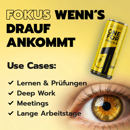 ONE FOR Focus Use-Case-Grafik für Lernen, Prüfungen, Deep Work, Meetings und lange Arbeitstage mit zuckerfreiem Functional Drink.