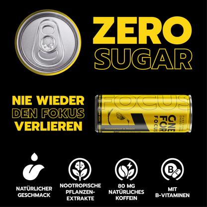 ONE FOR Focus Zero Sugar Grafik mit natürlichem Geschmack, nootropischen Pflanzenextrakten, natürlichem Koffein aus Guarana und B-Vitaminen. Nie wieder den Fokus verlieren. 