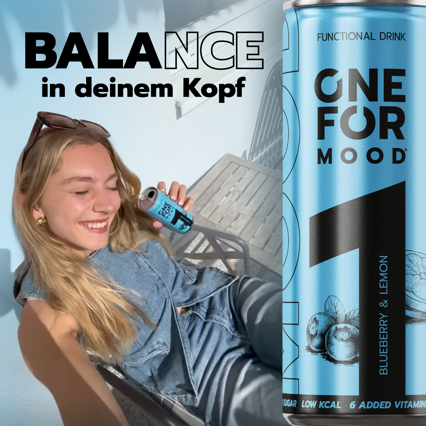Lifestyle-Grafik mit ONE FOR Mood Blueberry-Lemon als koffeinfreier, zuckerfreier Functional Drink für entspannte Alltagssituationen und natürlichen Geschmack.