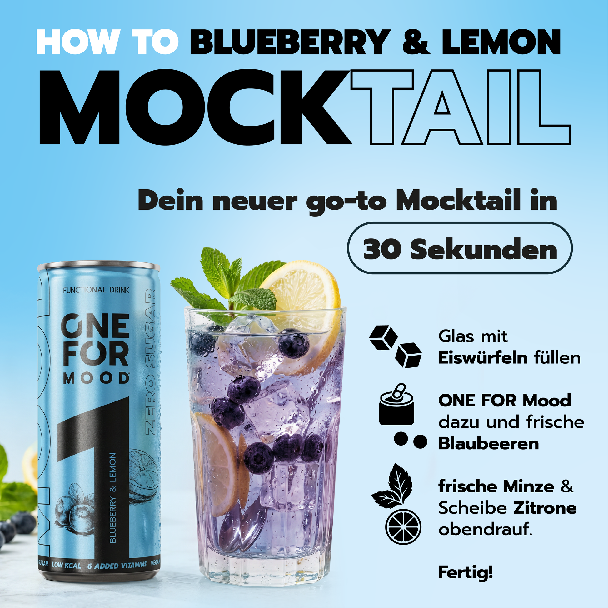 Mocktail-Grafik für ONE FOR Mood Blueberry-Lemon mit Eiswürfeln, frischer Minze, Zitronenscheibe und Blaubeeren als zuckerfreie koffeinfreie Softdrink-Alternative.