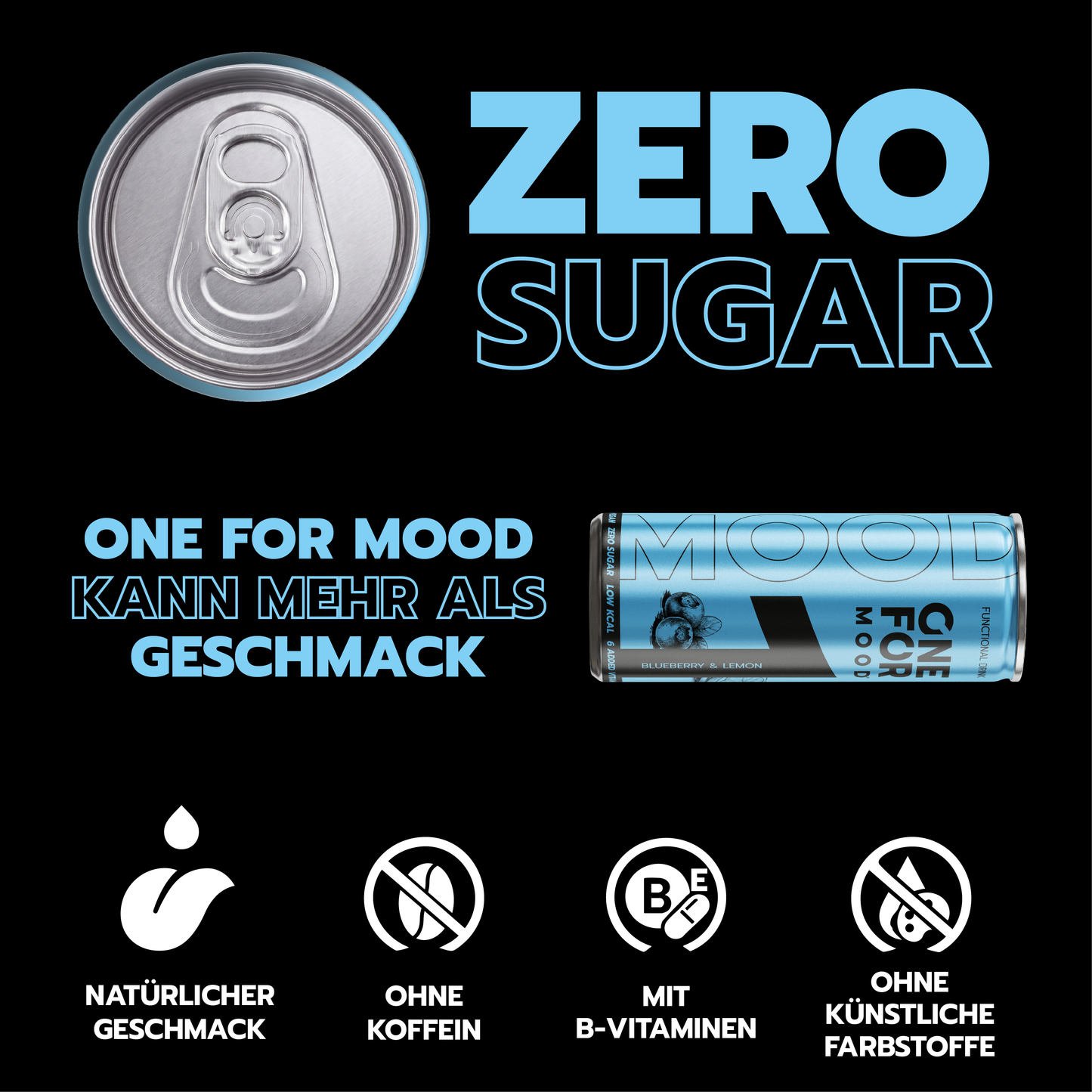ONE FOR Mood Blueberry-Lemon als zuckerfreier, koffeinfreier Functional Drink mit natürlichem Geschmack, B-Vitaminen und ohne künstliche Farbstoffe.