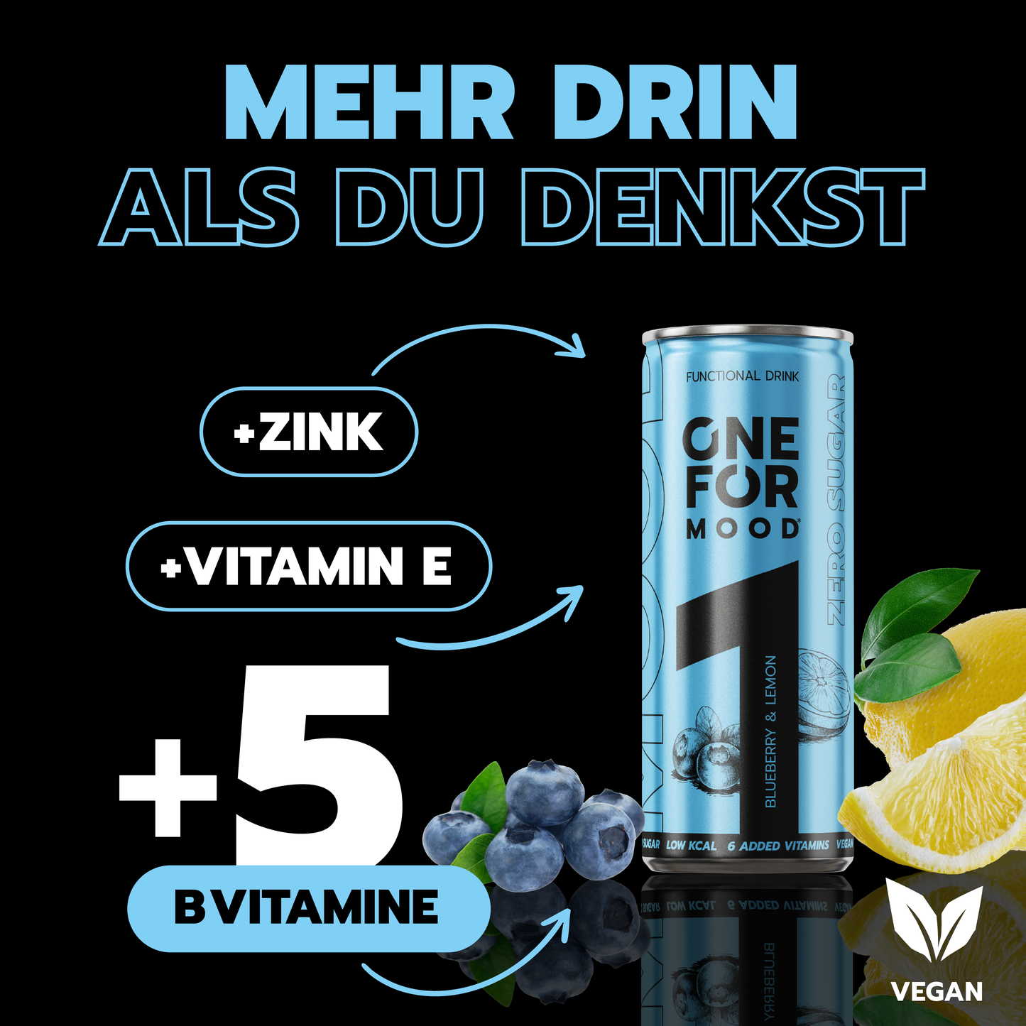 Grafik zu ONE FOR Mood Blueberry-Lemon mit Zink, Vitamin E, 5 B-Vitaminen, veganer Rezeptur und zuckerfreiem Functional Drink.