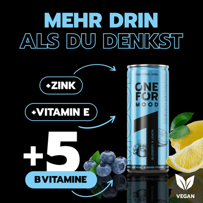 Grafik zu ONE FOR Mood Blueberry-Lemon mit Zink, Vitamin E, 5 B-Vitaminen, veganer Rezeptur und zuckerfreiem Functional Drink.
