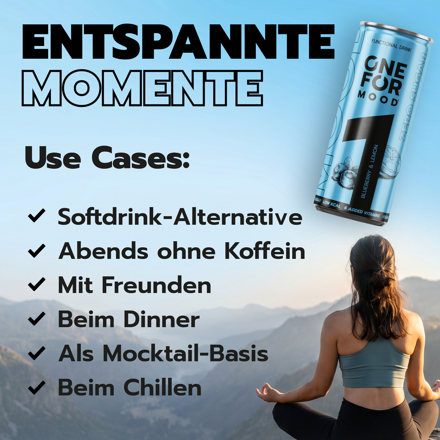 Use-Case-Grafik für ONE FOR Mood Blueberry-Lemon als koffeinfreier, zuckerfreier Functional Drink für entspannte Momente, Dinner, Freunde und Mocktails.