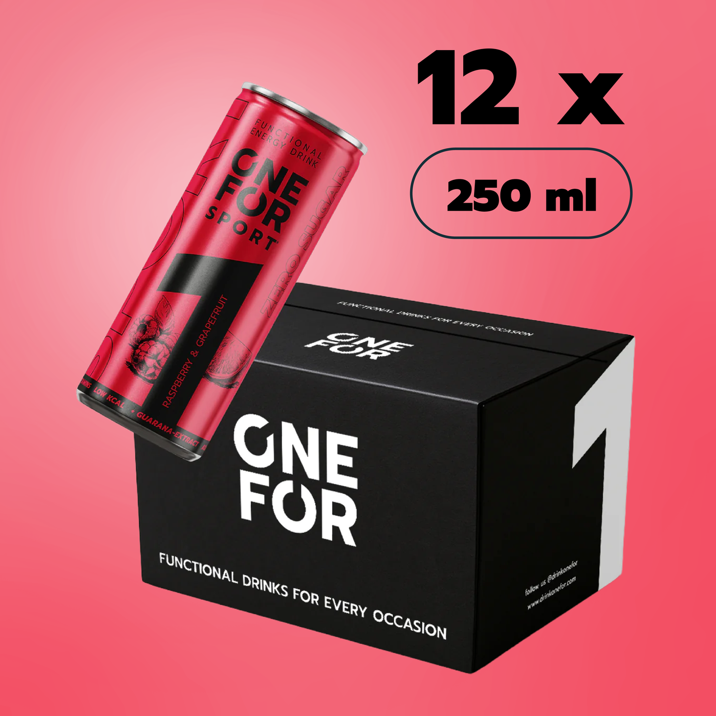 ONE FOR Sport 12er Pack mit 12 x 250 ml Dosen, Raspberry-Grapefruit Geschmack, Guarana und zuckerfreiem Functional Drink. Moderne schwarze Karton Verpackung. 