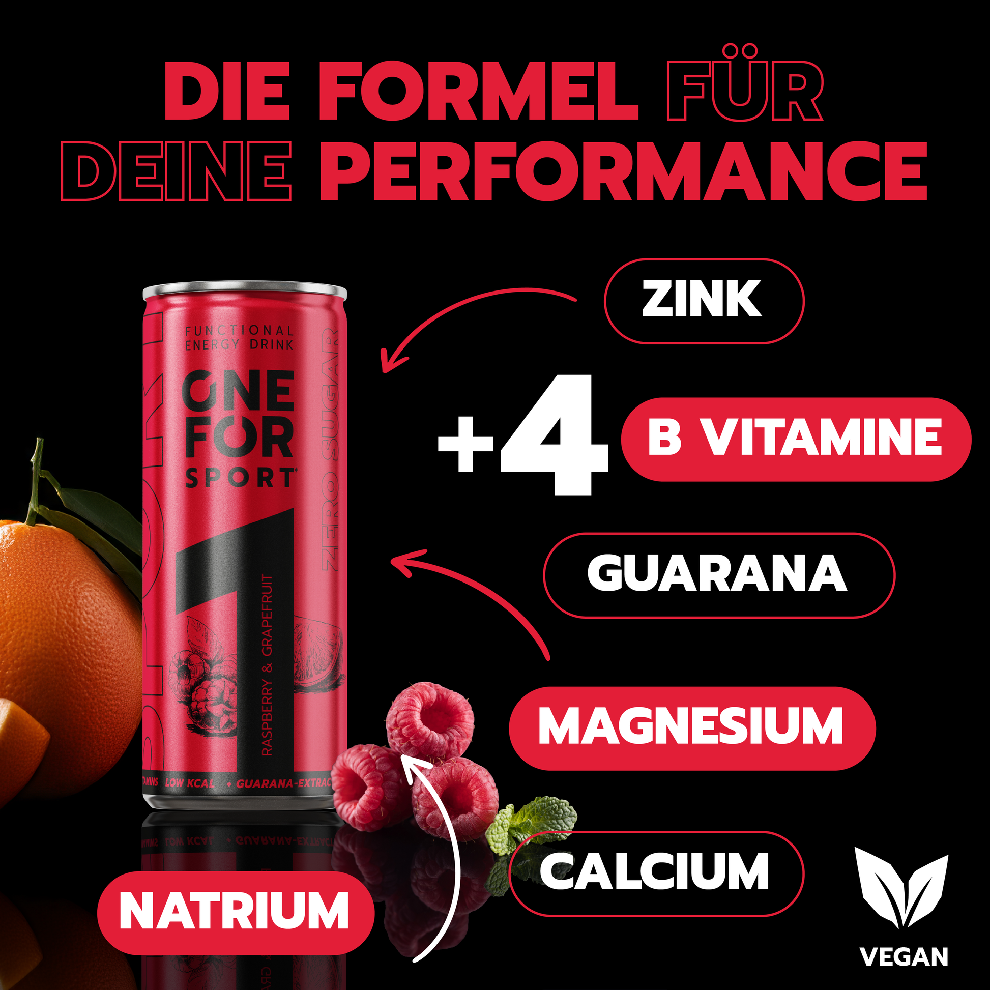 ONE FOR Sport Inhaltsstoff-Grafik mit dem Text „Die Formel für deine Performance“, Zink, 4 B-Vitaminen, Guarana, Magnesium, Calcium und Natrium. Vegan und zero sugar.