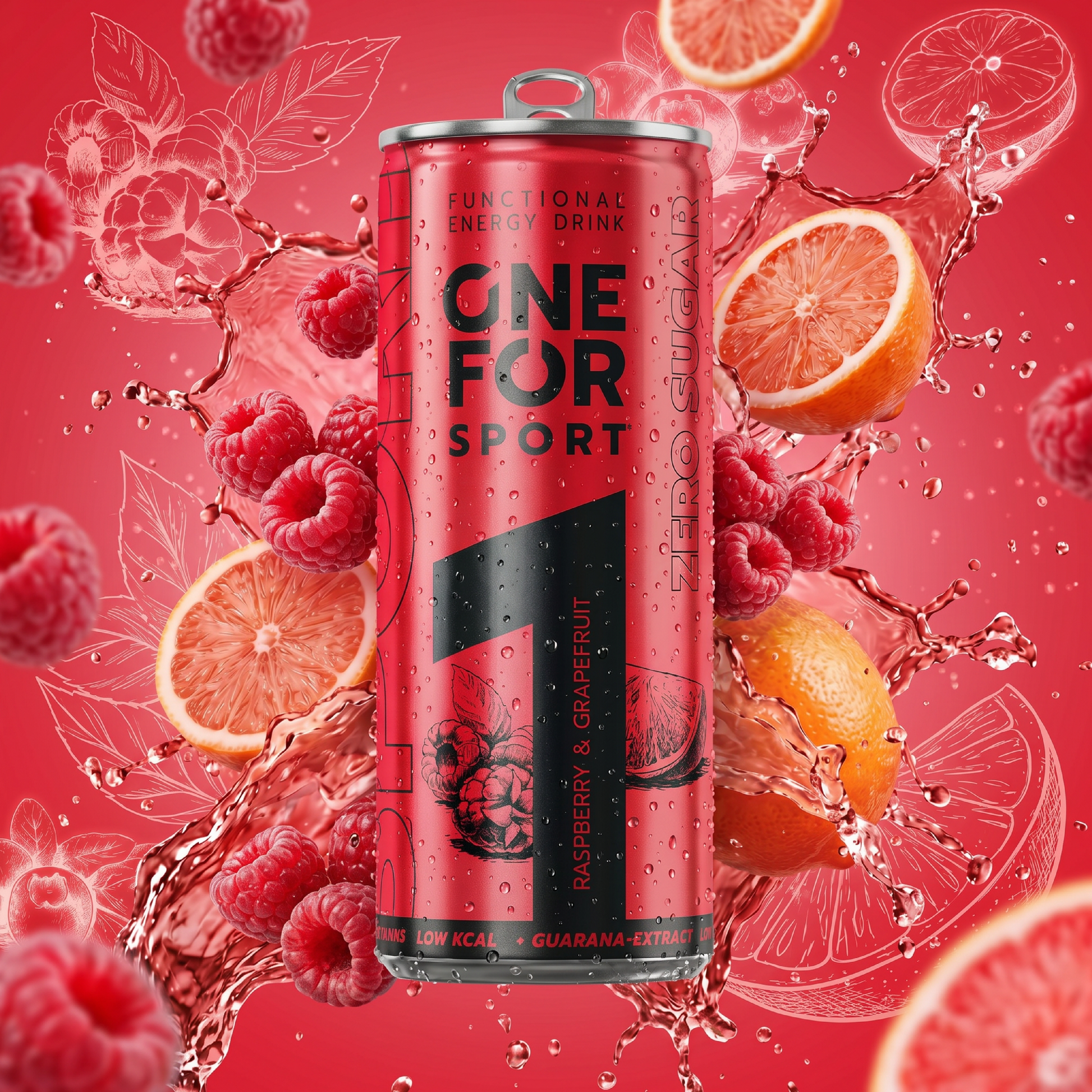 ONE FOR Sport Raspberry-Grapefruit als zuckerfreier Functional Drink mit Guarana, natürlichem Koffein und fruchtigem, natürlichem Geschmack. 